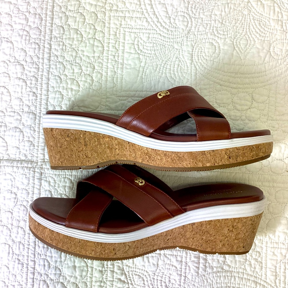 Cole Haan Grand OS Brown Leather Cork Wedge Platform Slide Sandal Size 8 1/2 B